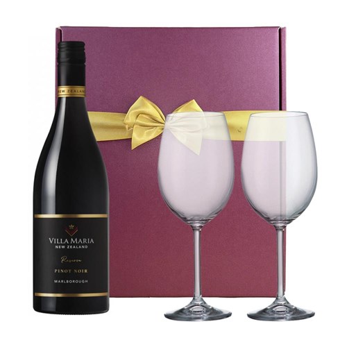 Villa Maria Pinot Noir Reserve, Marlborough, 75cl Red Wine & Wine Glasses Gift Box